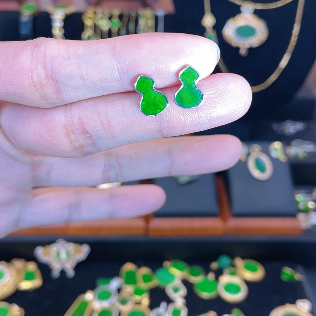 翡翠银S925镀金镶嵌耳饰