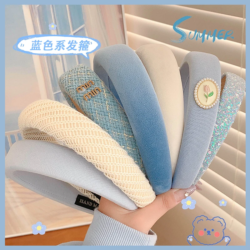 新款外出可爱发饰高颅顶头箍蓝色时尚少女感布艺无镀层