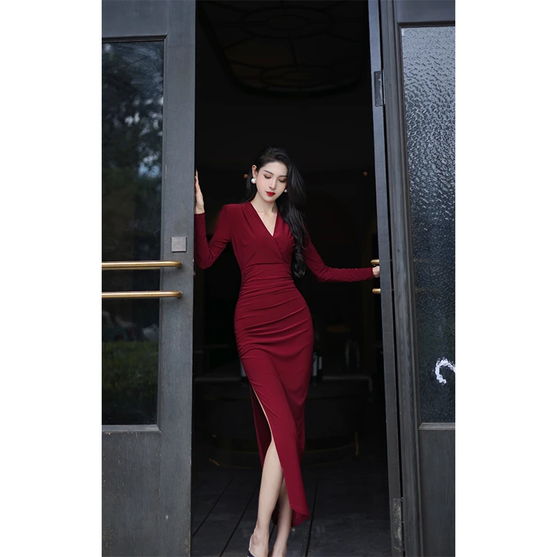 德国原创设计秋季水晶麻纱修身包臀紧身收腰气质性感连衣裙