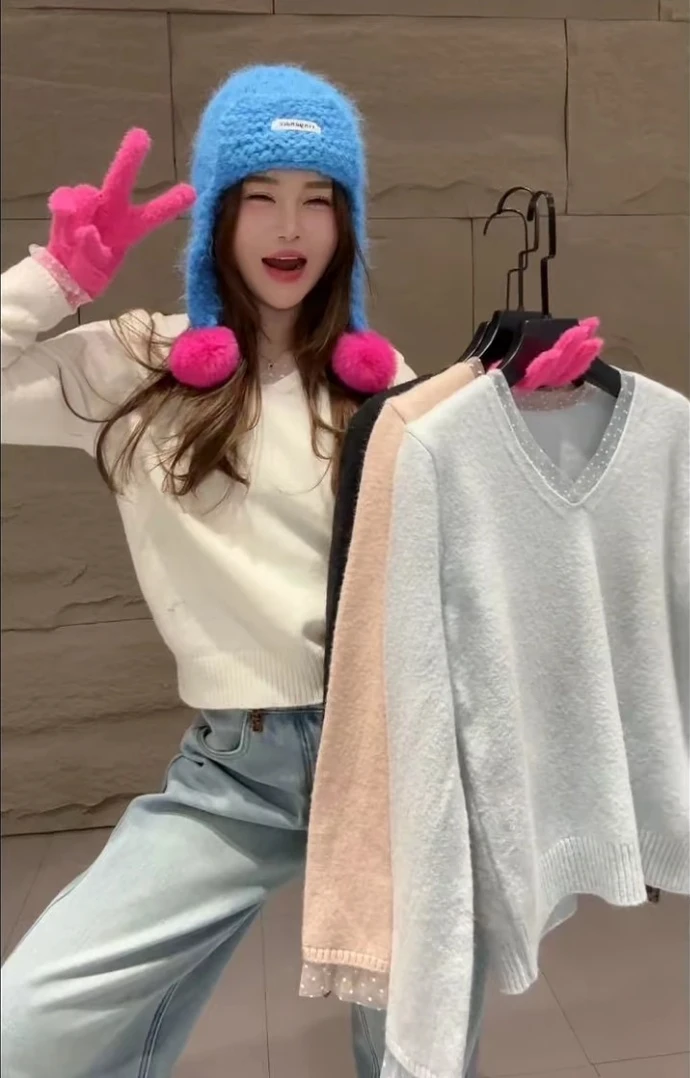 韩版冬季拼接毛针织衫简约休闲风秋冬针织毛衣