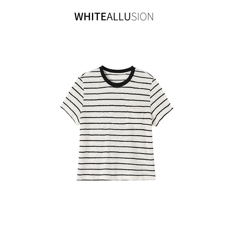 素典【文艺T】夏季薄款撞色条纹短袖t恤合身显瘦小个子圆领上衣4349