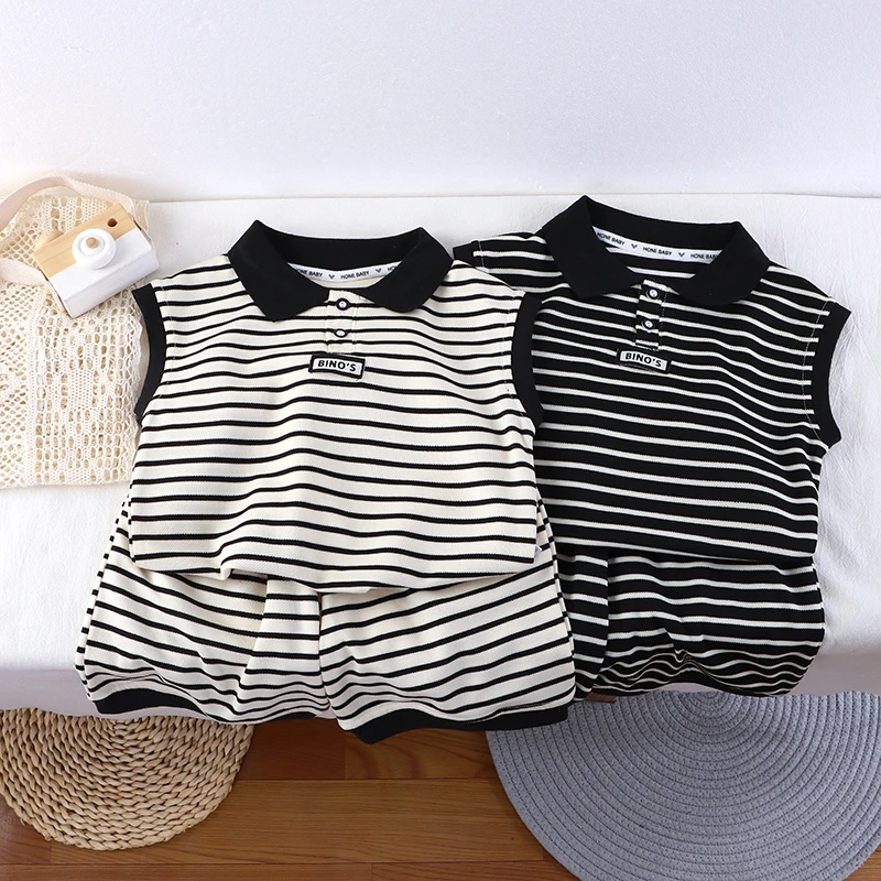 【韩系条纹】儿童夏季无袖黑白条纹套装洋气POLO领中童男女童套装