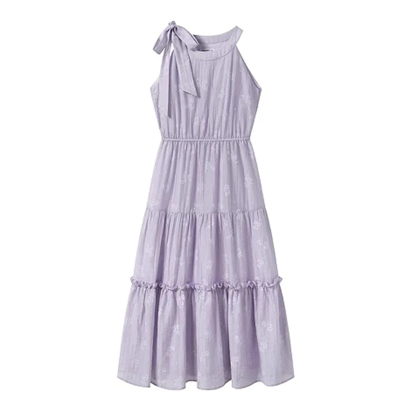 韩式爆款挂脖提花连衣裙蝴蝶结绑带蛋糕长裙女2025春秋新款连衣裙