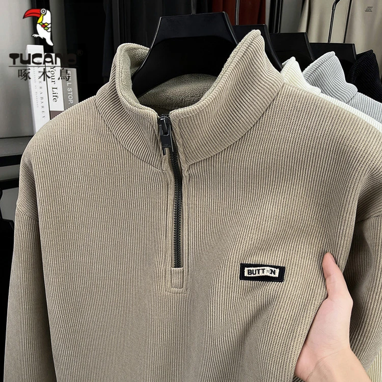 啄木鸟男士秋冬新款立领长袖韩版休闲潮流半高领加绒加厚保暖卫衣