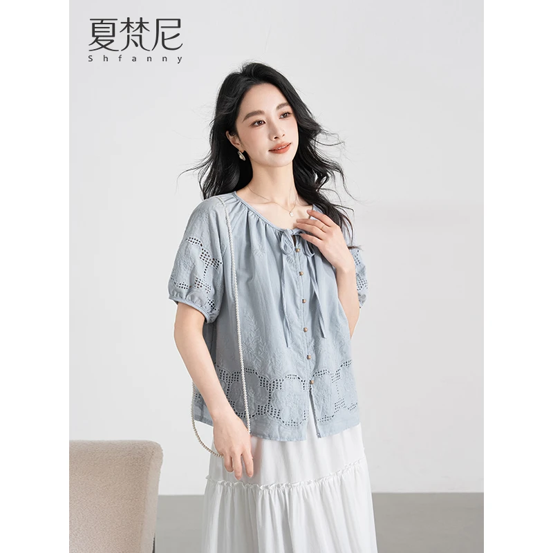 夏梵尼夏恋纯曲2025夏季新款韩版镂空绣花系带小衫上衣