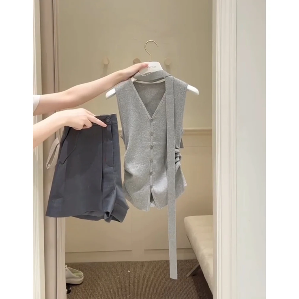 复古气质V领无袖马甲开衫2025夏季新款时尚小众设计感裙裤两件套
