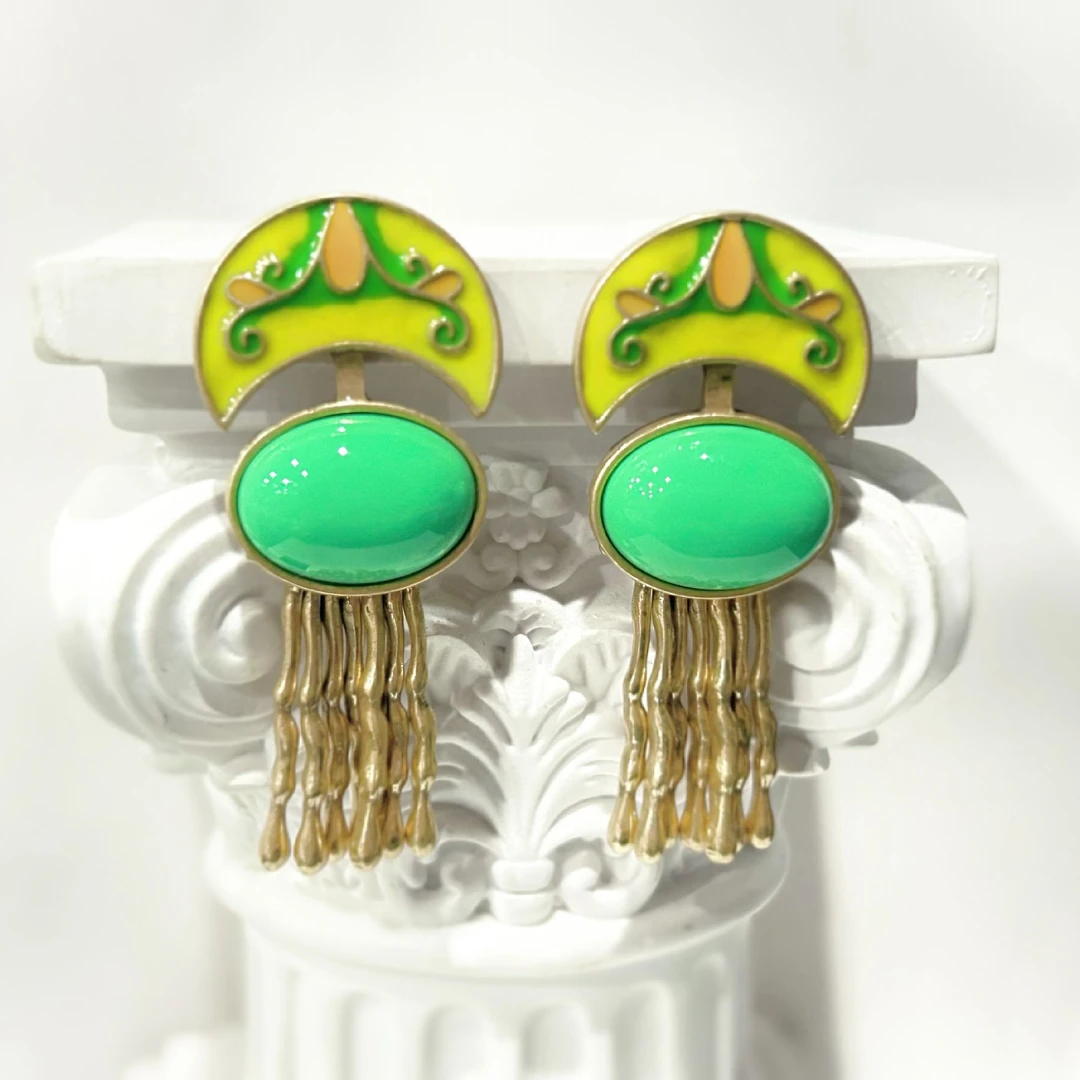 铜合金珐琅耳饰  4317西洋中古风 vintage复古做旧绿色流苏耳环