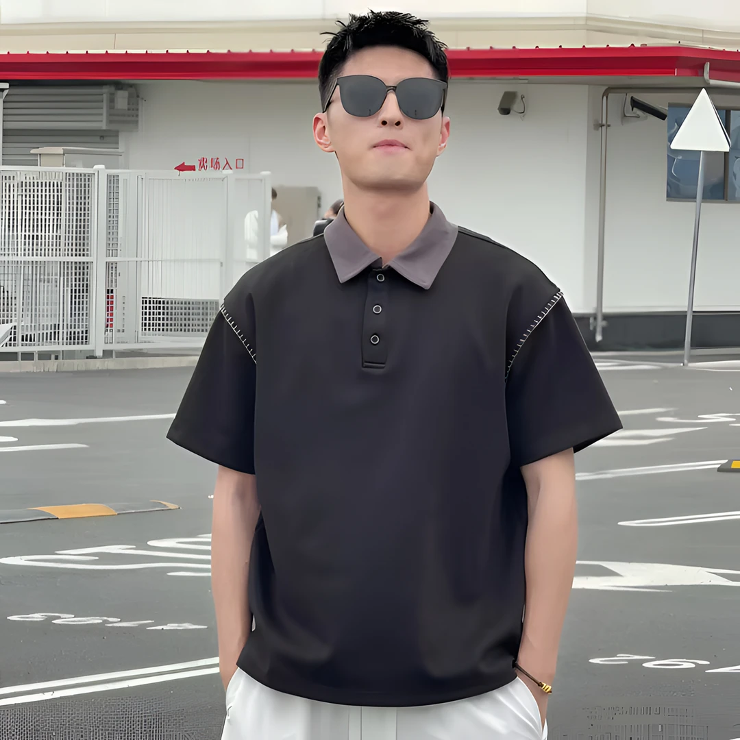 夏季新款撞色哈梭线拼接痞帅短袖男简约轻奢百搭翻领百搭男POLO衫