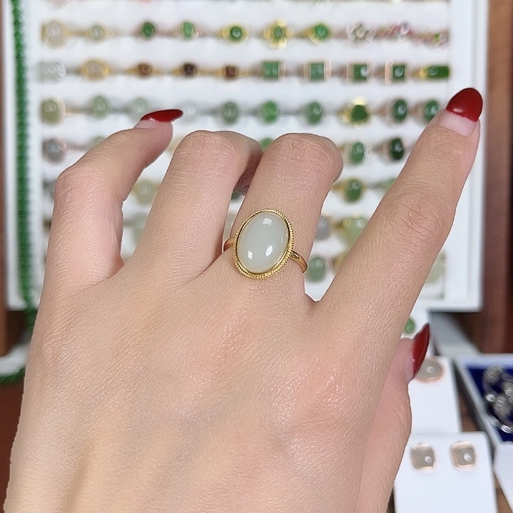 和田玉戒指银S925镀金镶嵌