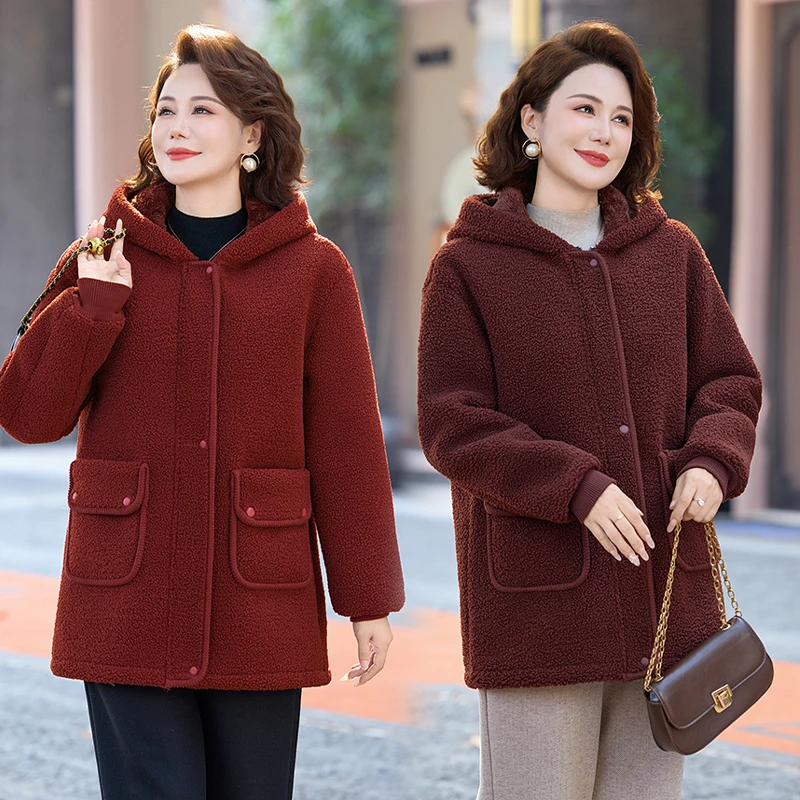 中老年女装冬装新款妈妈装加绒加厚休闲外套连帽纯色中长款棉服