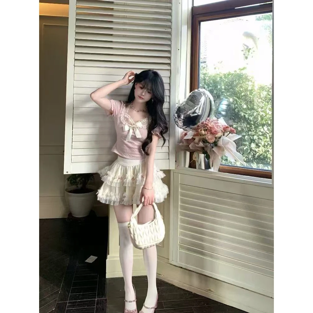 桃桃雪芙 甜美俏皮a字立体花边短裙蝴蝶结蓬蓬半身裙夏季套装