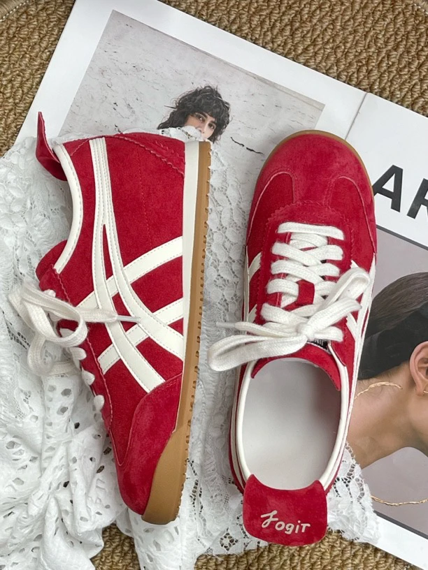 牛皮版！复古红色德训鞋女新款轻奢内增高超软啊甘鞋平底运动鞋