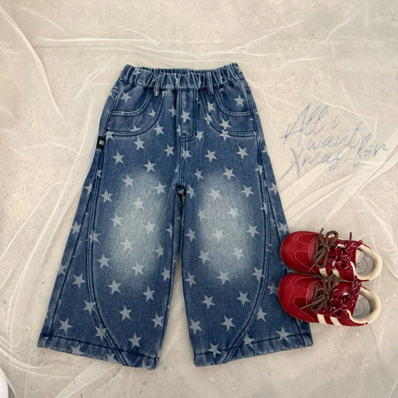 【鱼子酱0-5度】D2552K加绒星星牛仔裤中小童女童童装