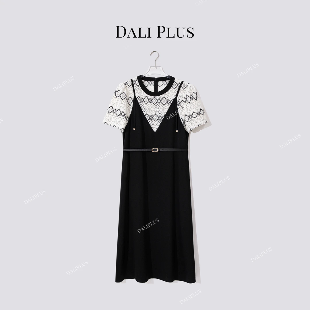 DALI PLUS“假两件连衣裙”高克重醋酸撞色蕾丝度假裙-D5SS7136