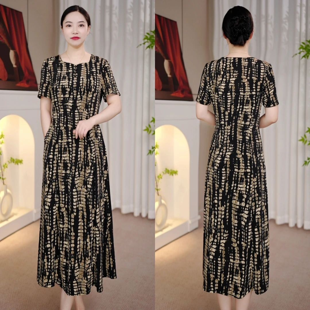 2025高级夏季印花连衣裙洋气新款时尚宽松收腰长裙7429