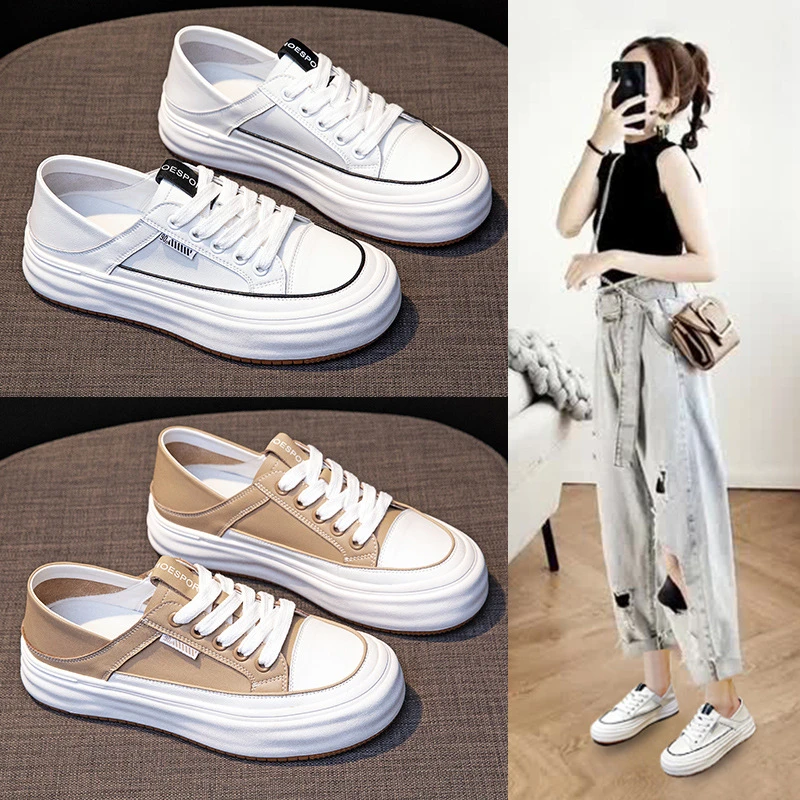 踩跟包头小白鞋女2025春季休闲外穿一脚蹬平底鞋学生厚底系带板鞋