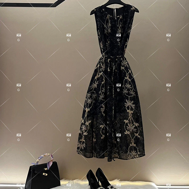 主播同款连衣裙烫金2025系带夏季新款时尚高端显瘦减龄中长款裙子