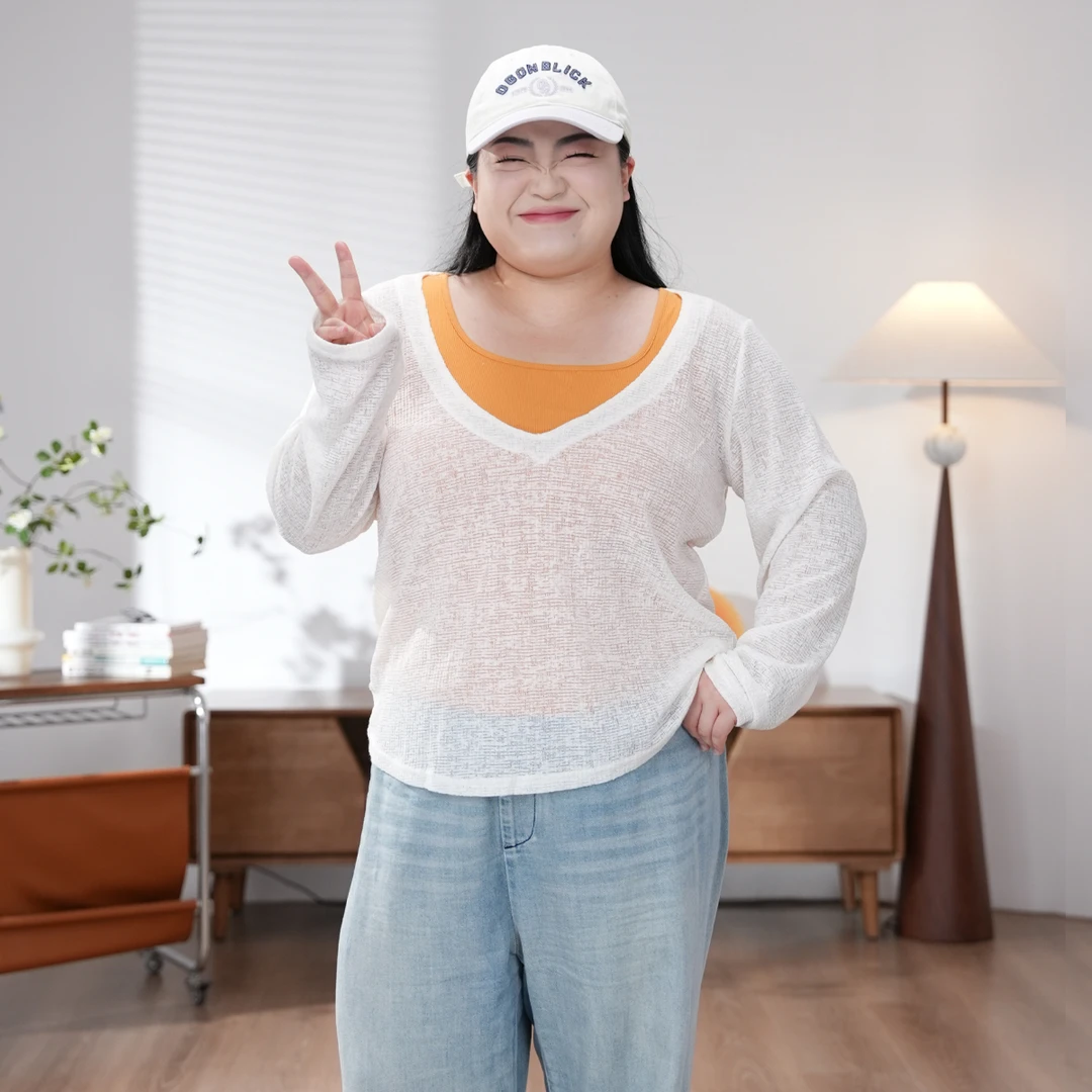 福饮沸别【长岛冰茶】大码胖mm显瘦两件套大V领上衣-2456