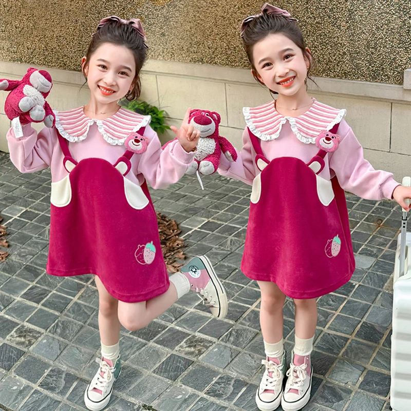 女童背带裙春秋女宝宝洋气裙子娃娃领公主裙假两件儿童秋装连衣裙