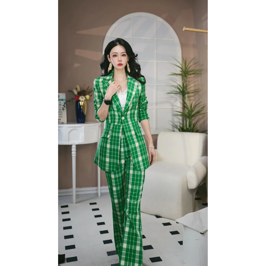 2025春秋新款洋气绿白格子修身西装喇叭裤商务女神范西服1983