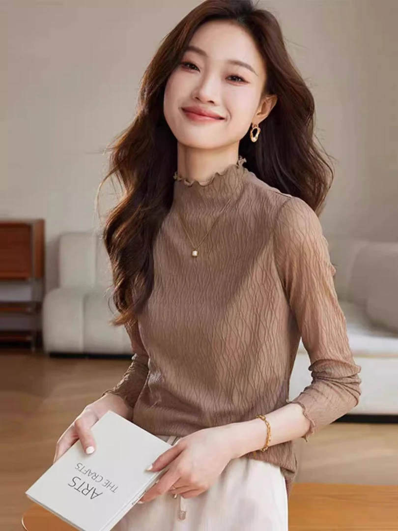 【商场同款】2025春夏款时尚百搭网纱半高领长袖内搭打底衫5680018