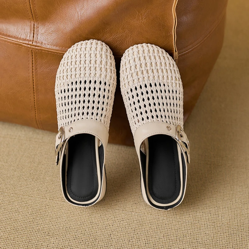 小众设计感皮带扣镂空包头拖鞋女2025春夏新款编织粗跟半拖穆勒鞋