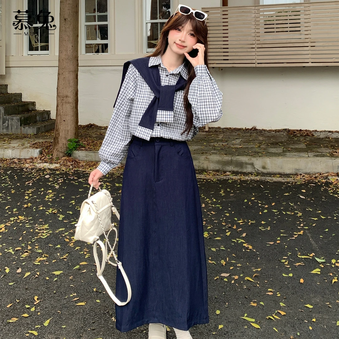 慕兔韩系配披肩格子长袖衬衫女2025秋季新款高腰a字半身裙两件套