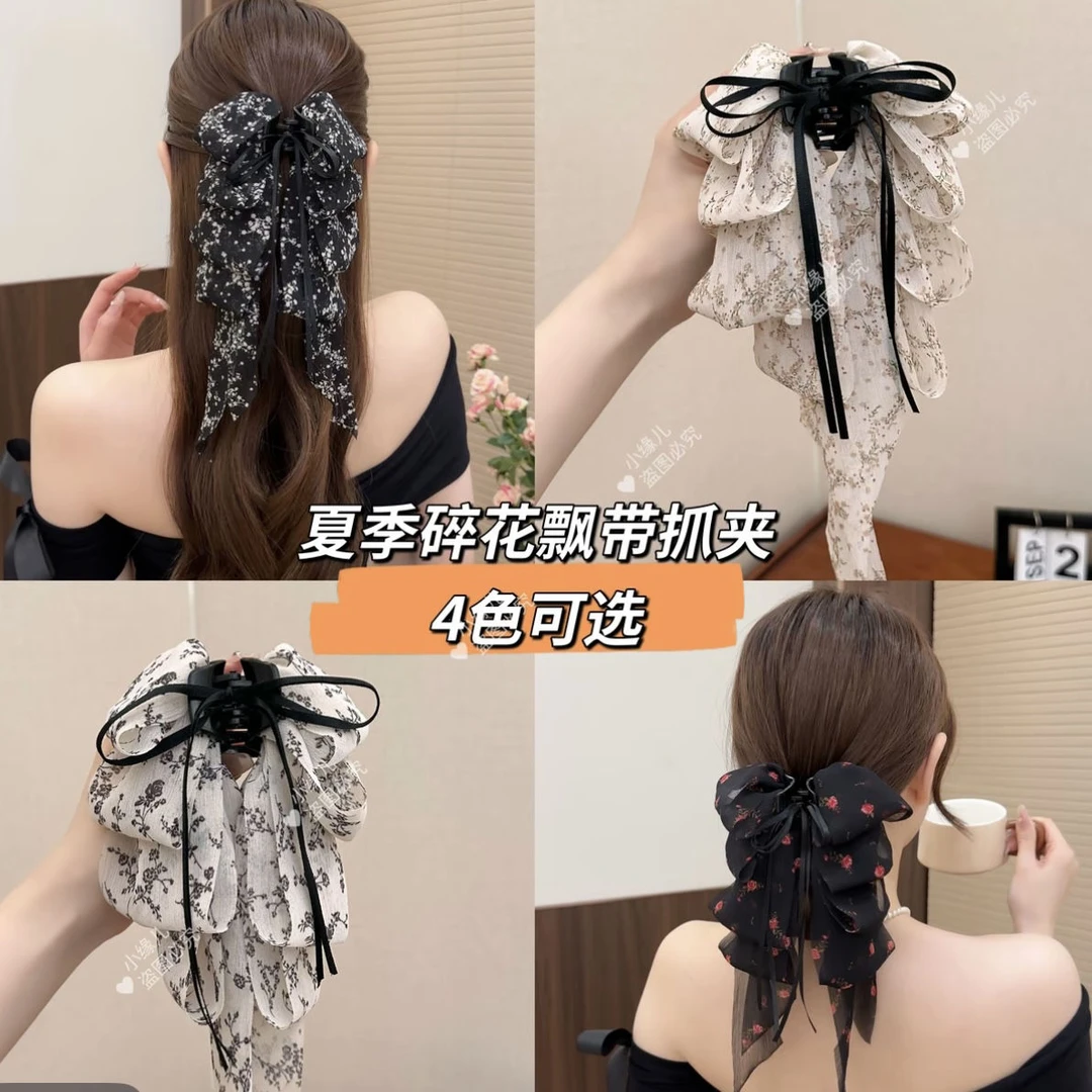 新款2025赫本风花漾时尚百搭气质蝴蝶结发夹高奢薄纱马尾夹发饰女