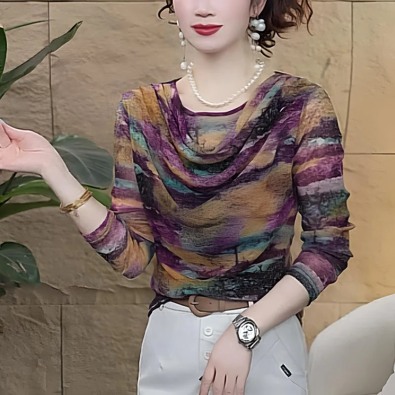 【歌莱图】2025夏季新款时尚堆堆领印花网纱修身显瘦百搭打底衫1878