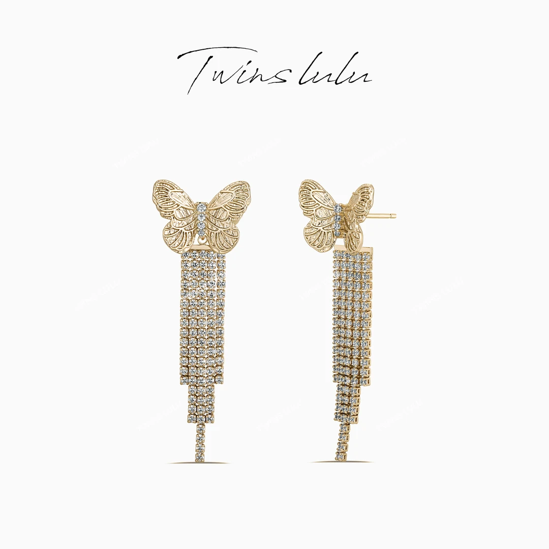 TWINS LULU 镀K金 设计师款百搭优雅复古蝴蝶流苏耳环TSL1932