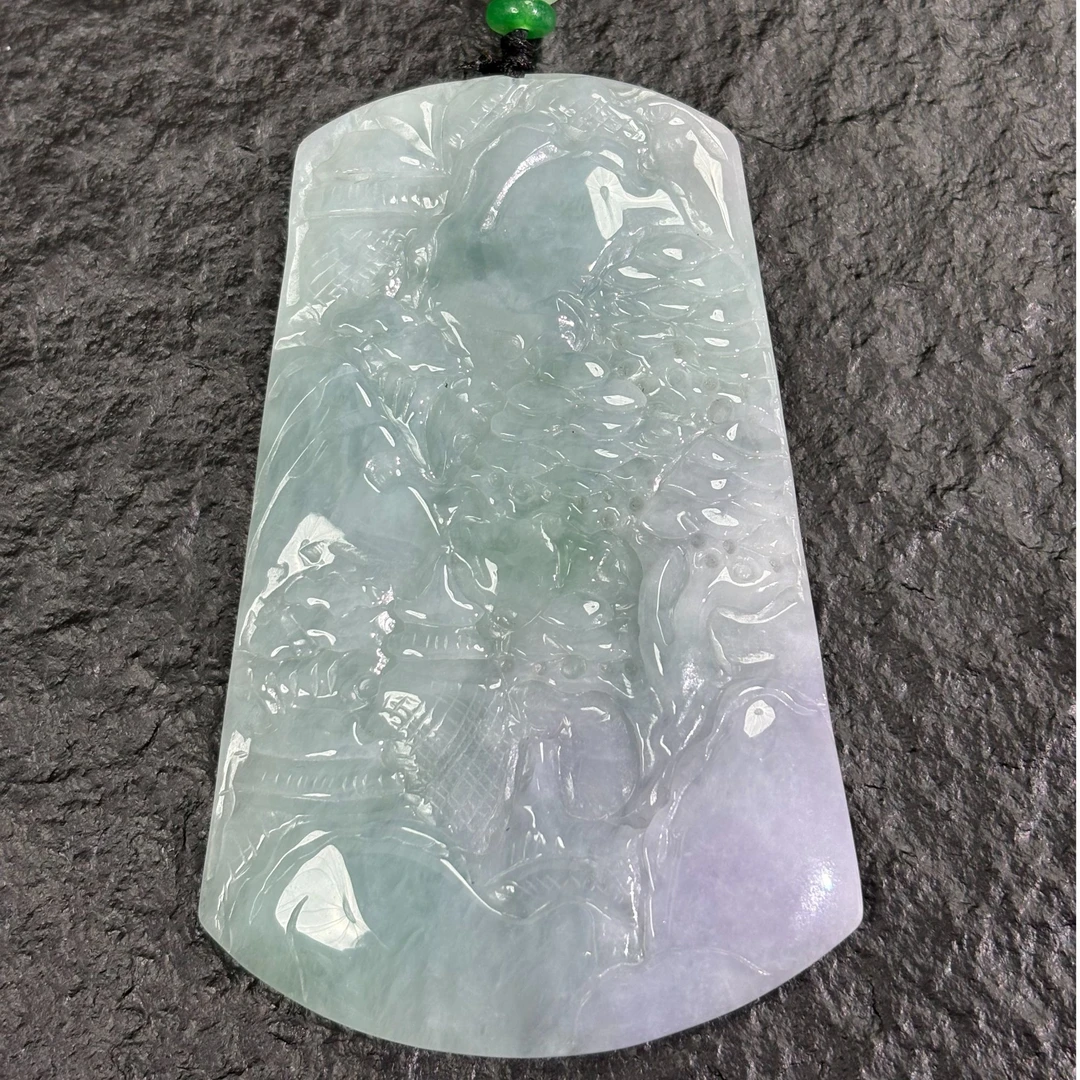 天然翡翠缅甸A货糯冰紫罗兰飘绿山水翡翠吊坠山水牌6034