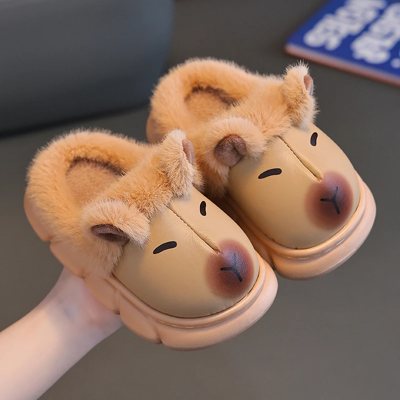 卡皮巴拉儿童棉拖鞋冬季男童EVA室内皮面防水中大童男孩宝宝棉鞋