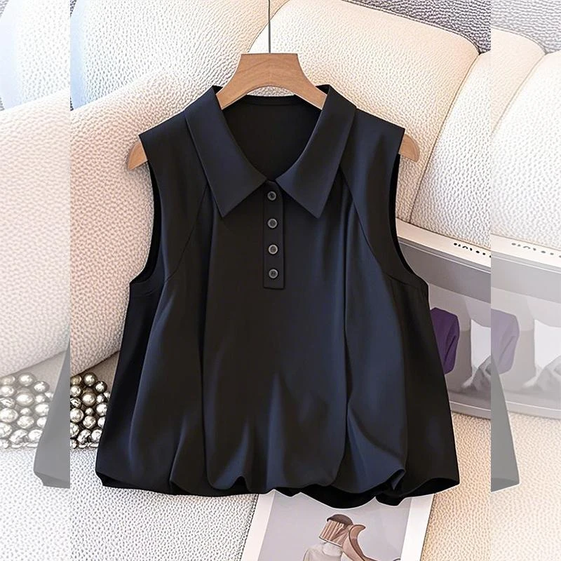 黑色背心女2025夏季新款polo衫无袖短袖t恤女今年流行爆款上衣服