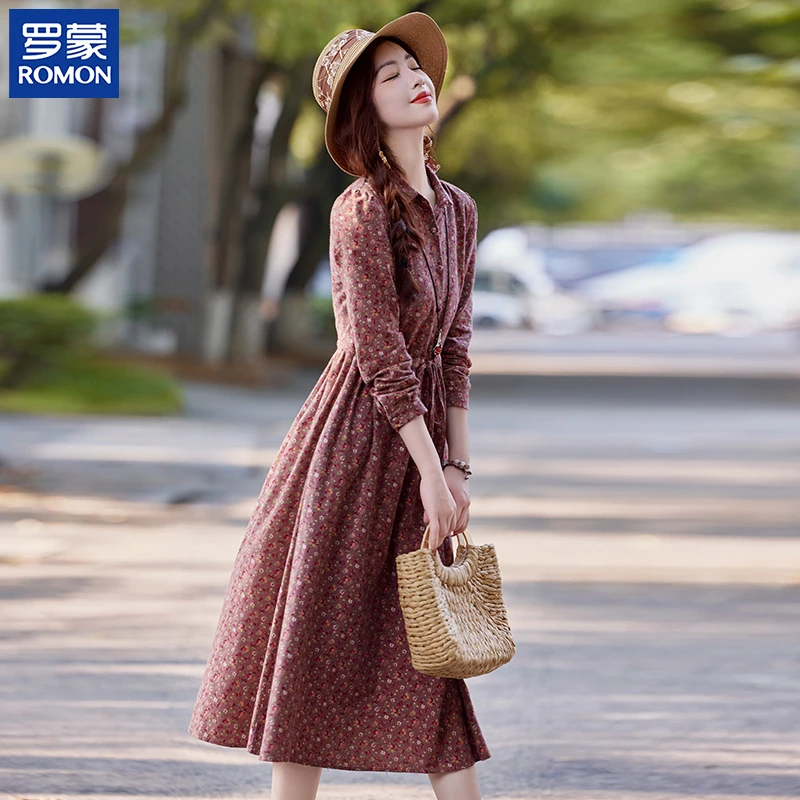 罗蒙妈妈新款秋装花色连衣裙中老年女气质纯棉裙子春秋季休闲长裙