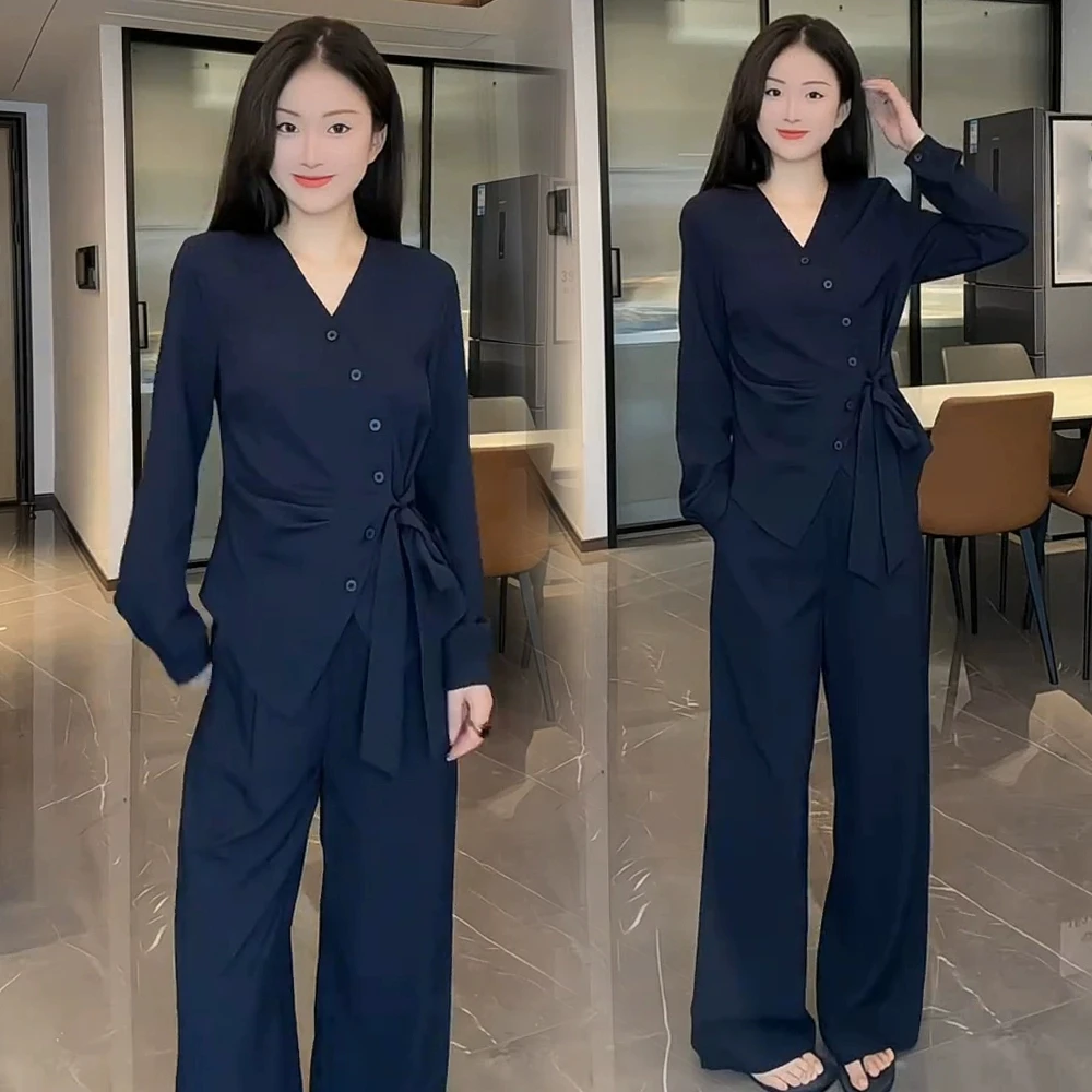 显瘦女新款2025长袖洋气上衣阔腿裤套装秋季时尚两件套修身不规则