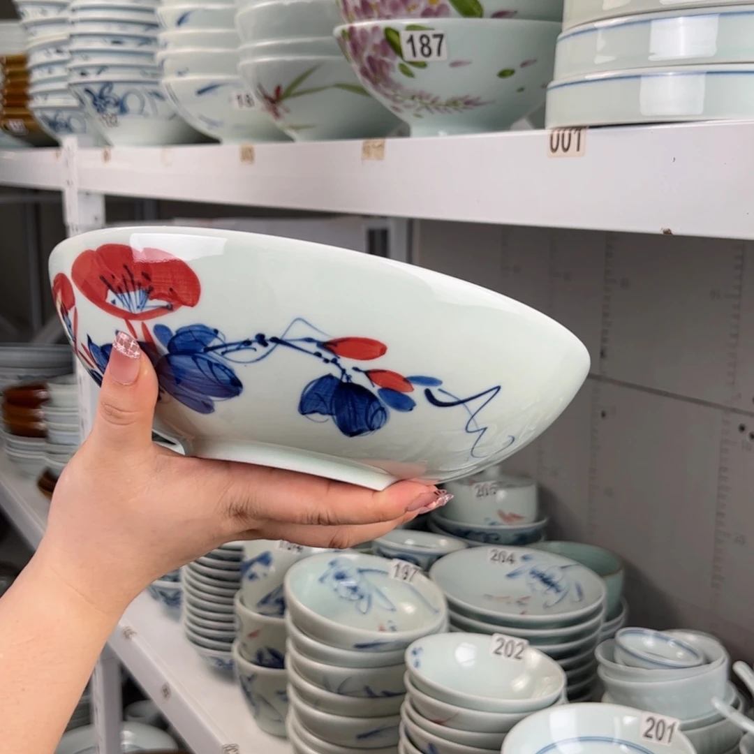 手工绘画高温釉下彩微瑕手绘牵牛花9寸新罗汉碗（单只装）