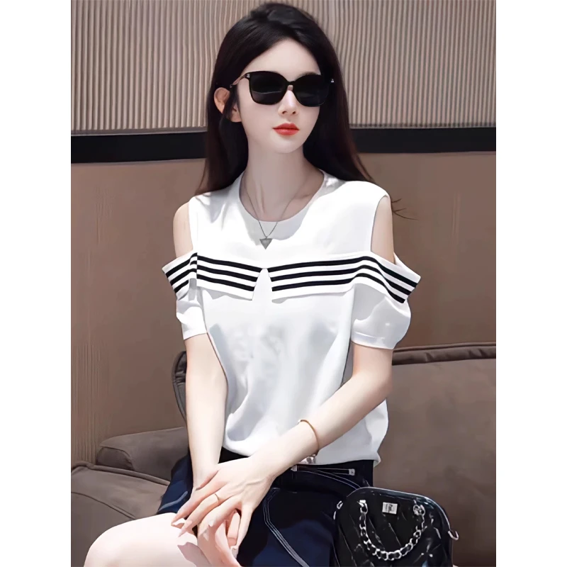 时尚高级条纹镂空短袖上衣女夏季薄款韩系洋气减龄圆领针织衫T恤