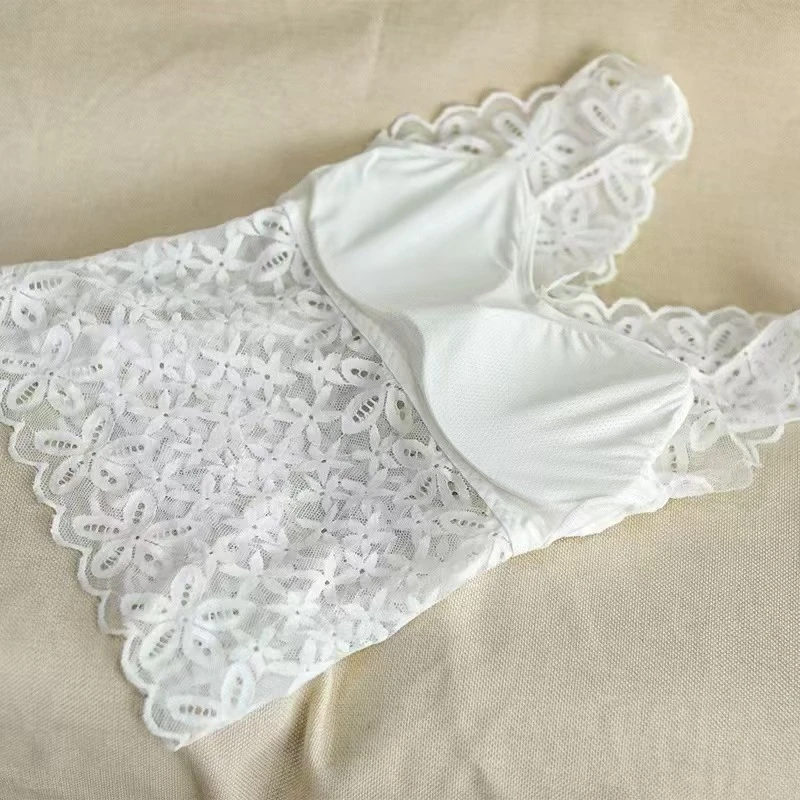 夏季V领修身蕾丝抹胸型潮流风背心吊带白色镂空时尚防走光通勤