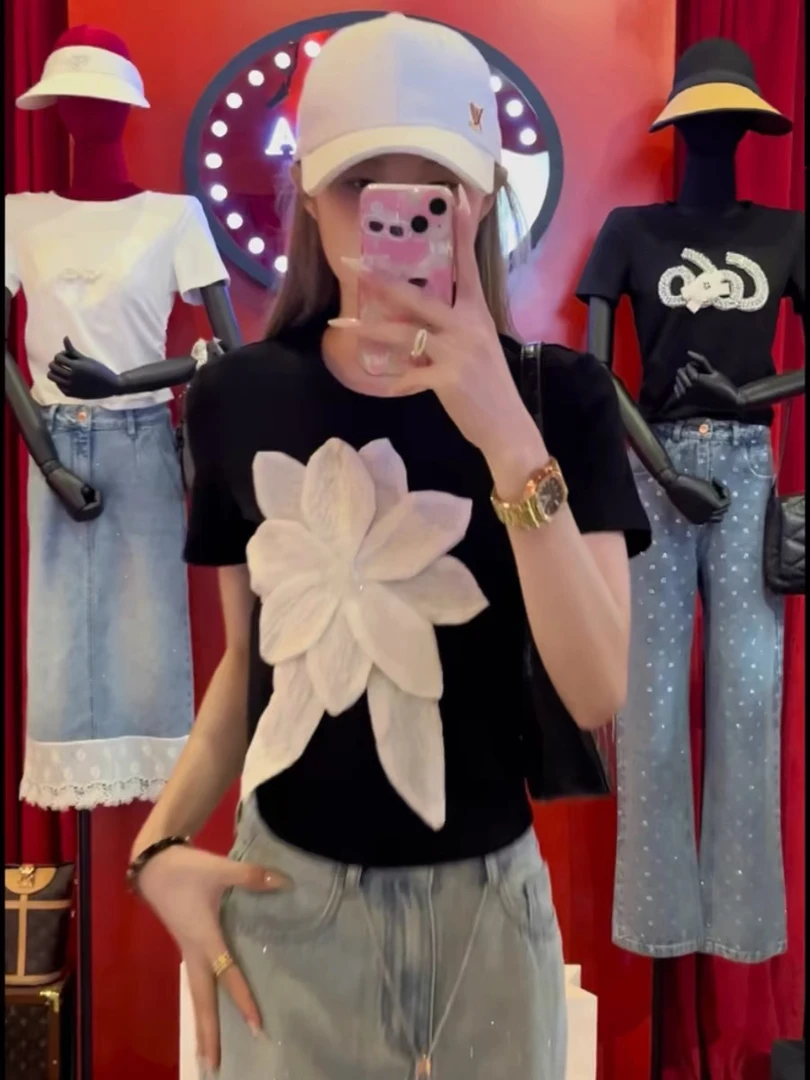 0821‘夏S’立体花朵气质百搭韩版短款短袖T恤女