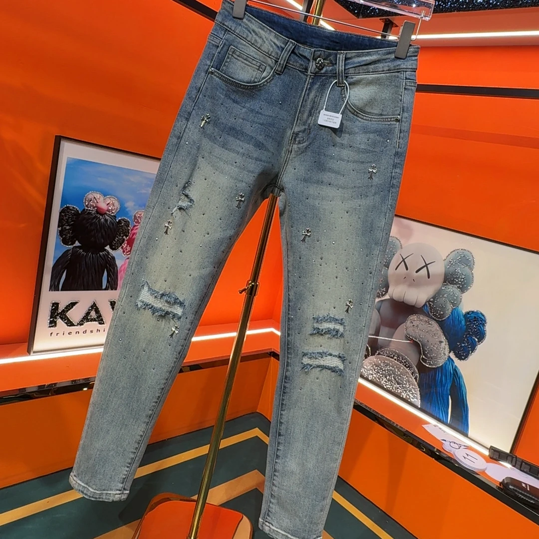 2025夏季新款轻奢烫钻弹力修身牛仔裤男士百搭潮流个性裤子男士