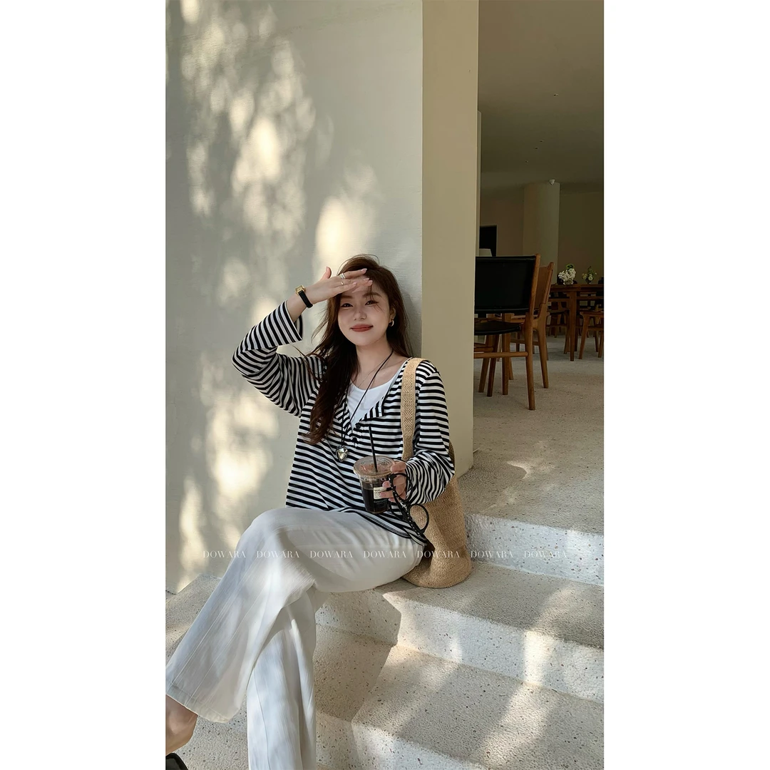 现货大婉酱微胖定制黑白条纹假两件长袖T恤春季韩系显瘦上衣7551D