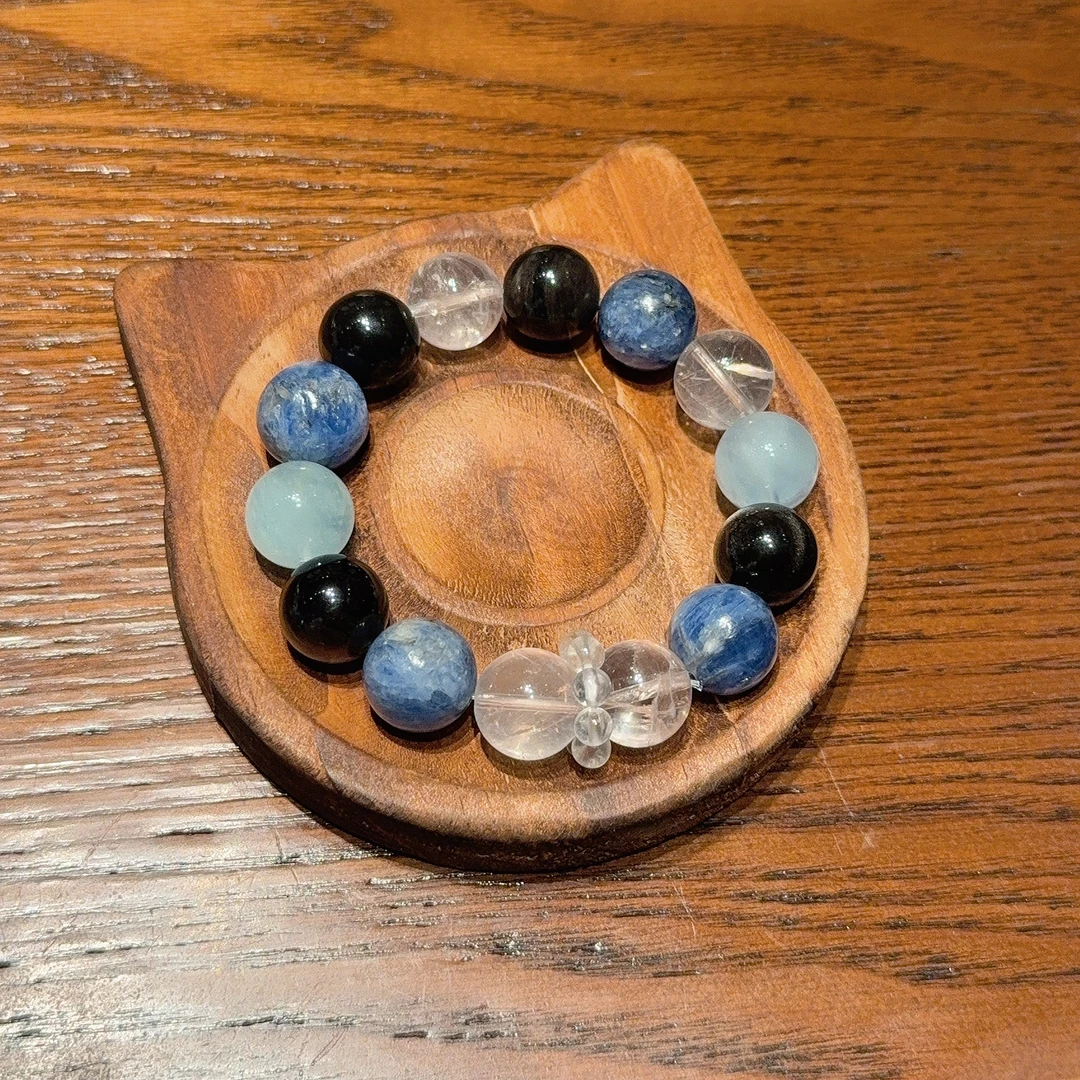 【深海】原创设计天然海蓝宝蓝晶石黑曜石白水晶手串