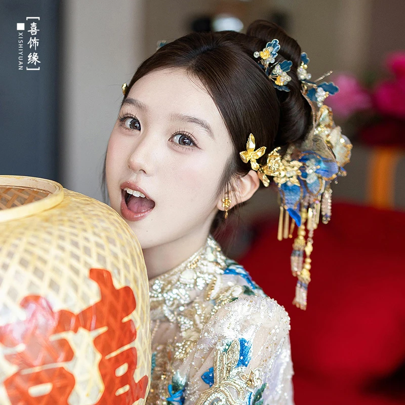 新娘中式头饰金蓝撞色高级感刺绣花朵发簪结婚龙凤褂发饰RL250827