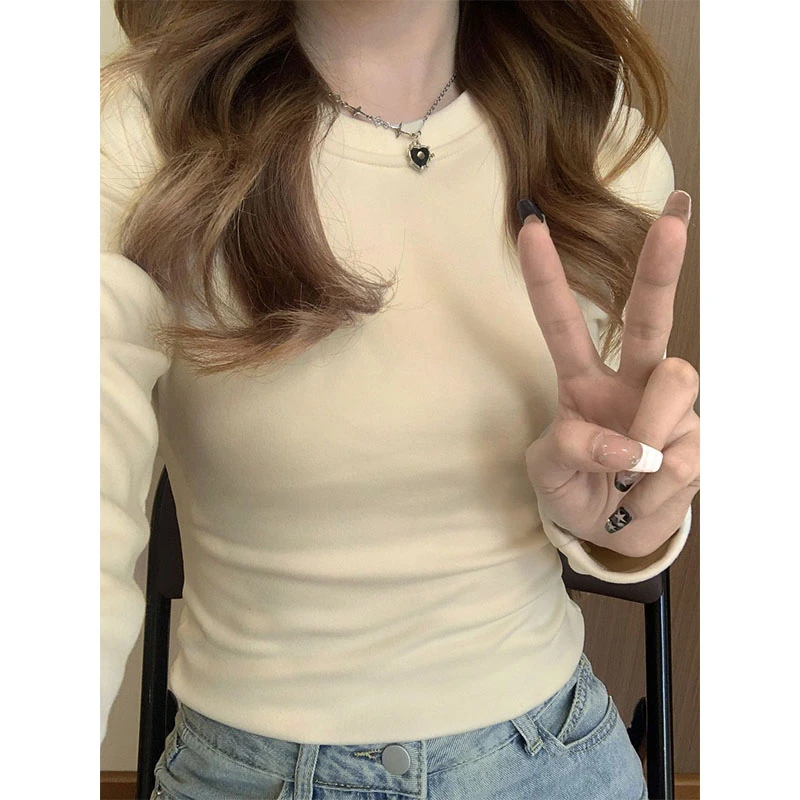 潮牌美式高街复古长袖T恤女秋冬德绒加厚保暖修身内搭打底衫上衣