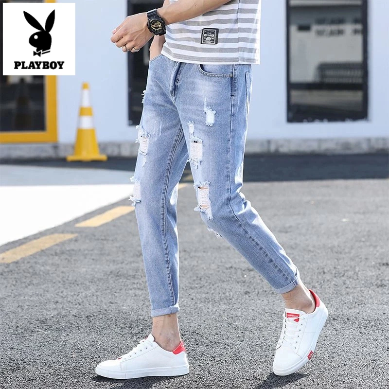 花花公子新款九分破洞男士牛仔裤修身新款休闲韩版裤子男弹力直筒