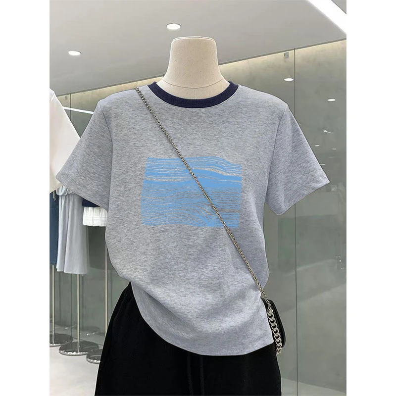 小众设计感正肩拼色圆领短袖t恤女夏2025新款百搭洋气打底衫上衣