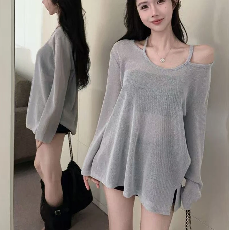 夏季装设计感露肩宽松慵懒风防晒衫女韩版中长款长袖T恤时尚显瘦
