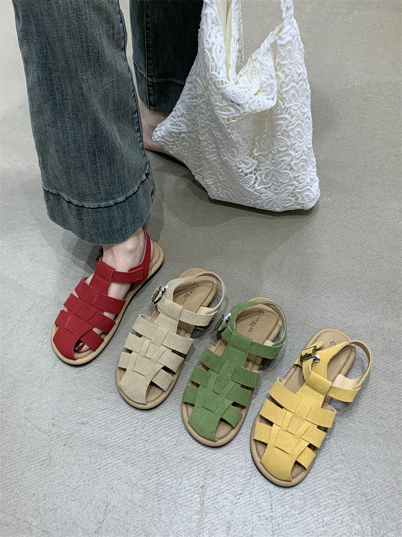 真皮版 森系包头凉鞋女平底罗马鞋