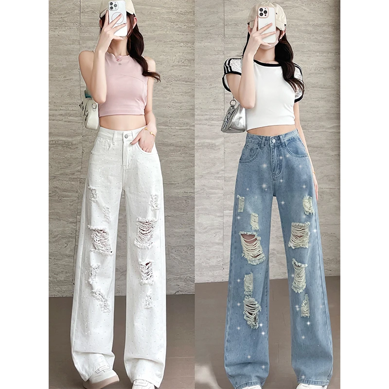 2025年夏季新款高腰带钻潮酷破洞新款时尚阔腿牛仔裤女