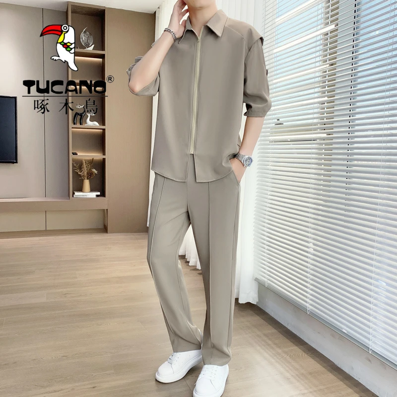 啄木鸟时尚潮流衬衫套装男士春秋休闲轻熟痞帅搭配商务休闲西裤男
